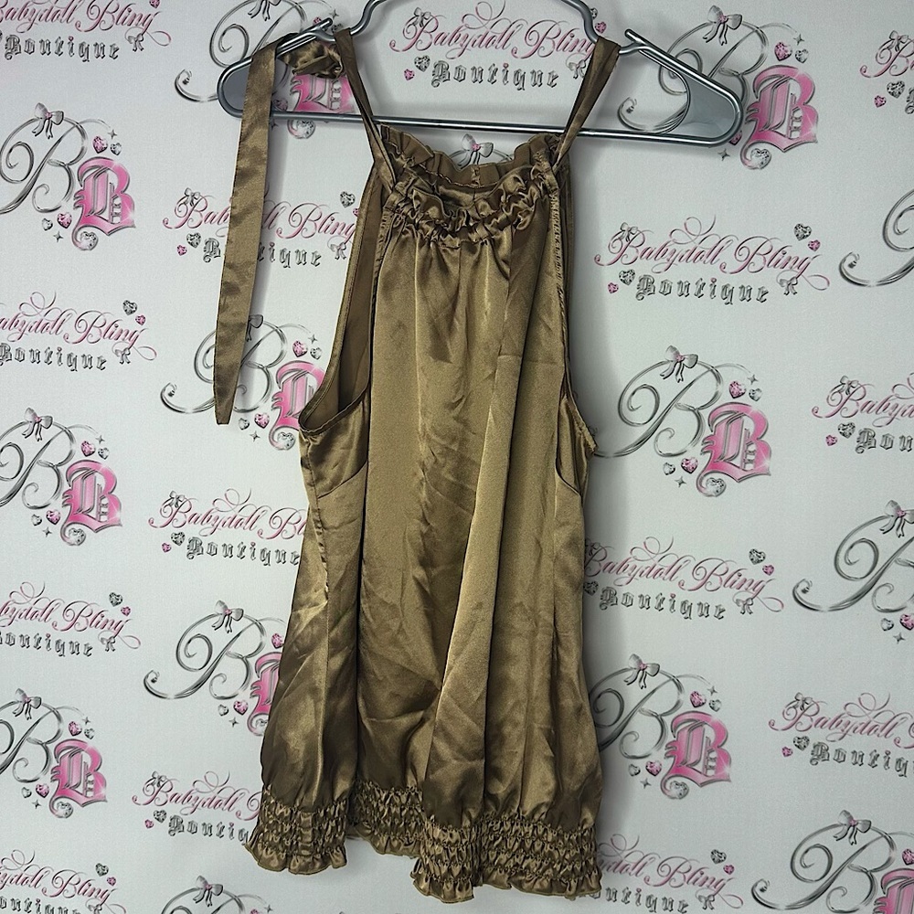 Smart set Silky Brown gold top cinched sexy ribbon tie with Ruffle halter